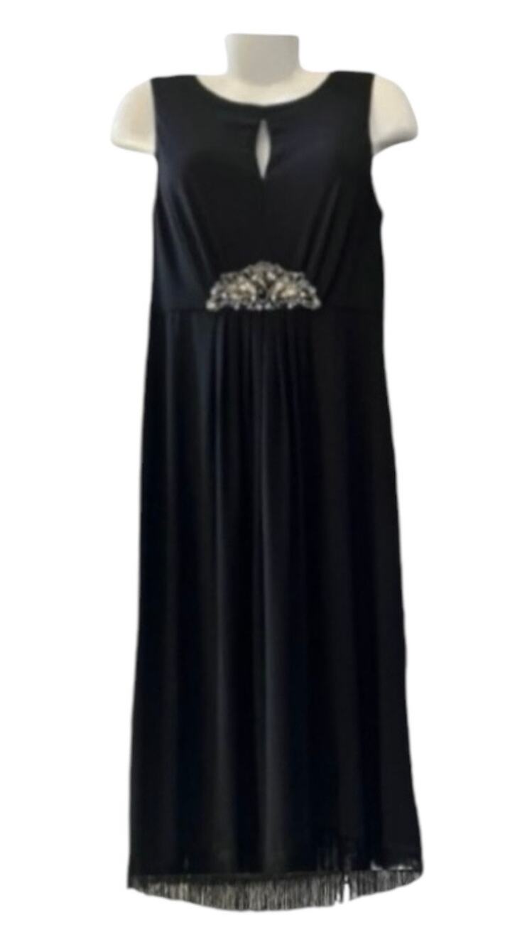 Eliza J New York Women's Black Jeweled Pleated Keyhole Neck Fringe Dress Size 14